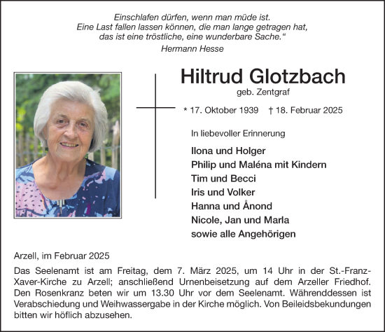 Traueranzeige von Hiltrud Glotzbach von FZ
