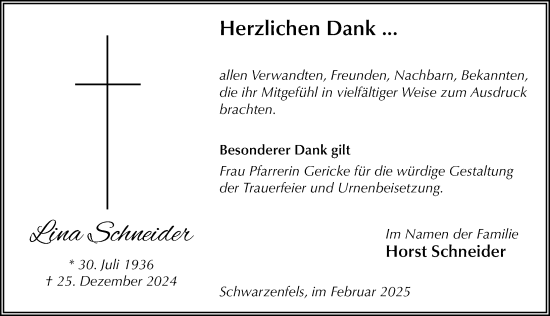 Traueranzeige von Lina Schneider von FZ