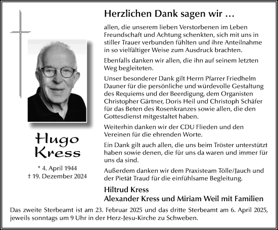 Traueranzeige von Hugo Kress von FZ