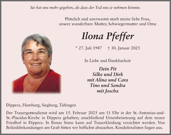 Traueranzeige von Ilona Pfeffer von FZ