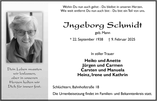 Traueranzeige von Ingeborg Schmidt von FZ