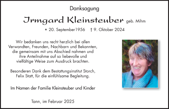 Traueranzeige von Irmgard Kleinsteuber von FZ