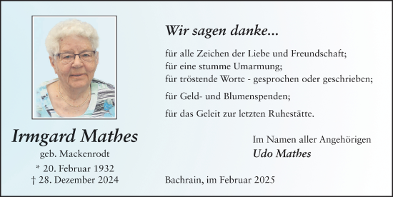 Traueranzeige von Irmgard Mathes von FZ
