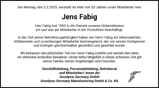 Traueranzeige von Jens Fabig von FZ