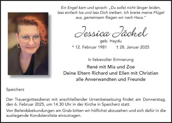 Traueranzeige von Jessica Jäckel von FZ