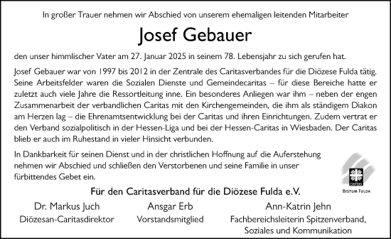 Traueranzeige von Josef Gebauer von FZ