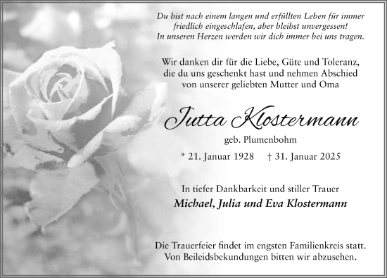 Traueranzeige von Jutta Klostermann von FZ