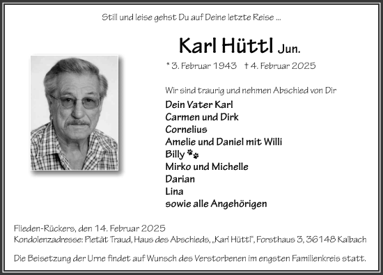 Traueranzeige von Karl Hüttl von FZ
