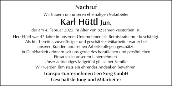 Traueranzeige von Karl Hüttl von FZ