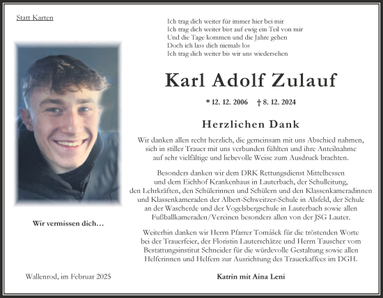 Traueranzeige von Karl Adolf Zulauf von FZ