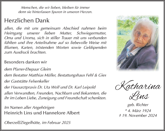 Traueranzeige von Katharina Lins von FZ