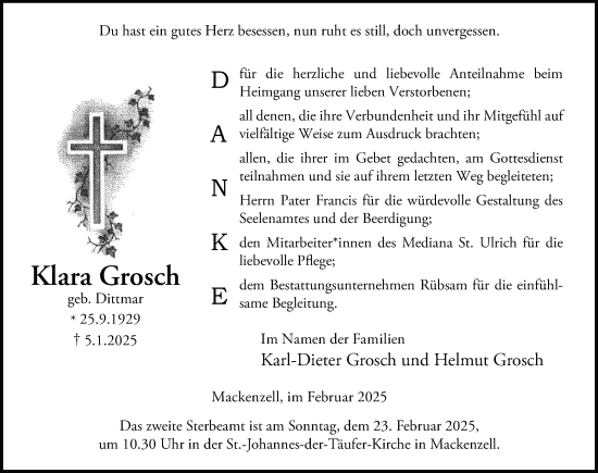 Traueranzeige von Klara Grosch von FZ