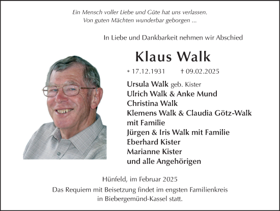 Traueranzeige von Klaus Walk von FZ