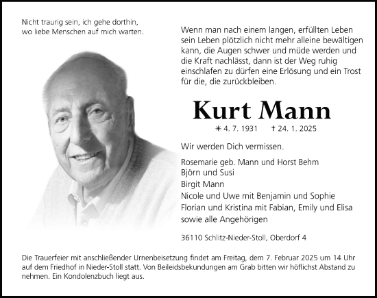 Traueranzeige von Kurt Mann von FZ