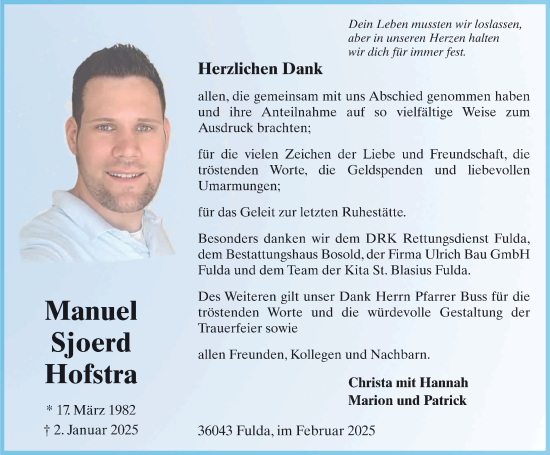 Traueranzeige von Manuel Sjoerd Hofstra von FZ
