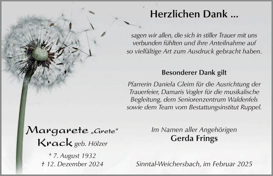Traueranzeige von Margarete Krack von FZ