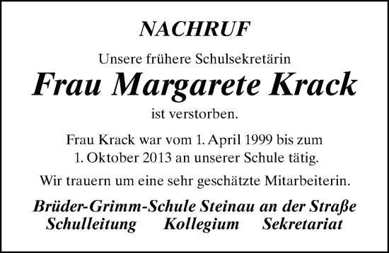 Traueranzeige von Margarete Krack von FZ