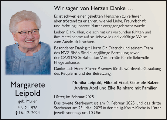 Traueranzeige von Margarete Leipold von FZ