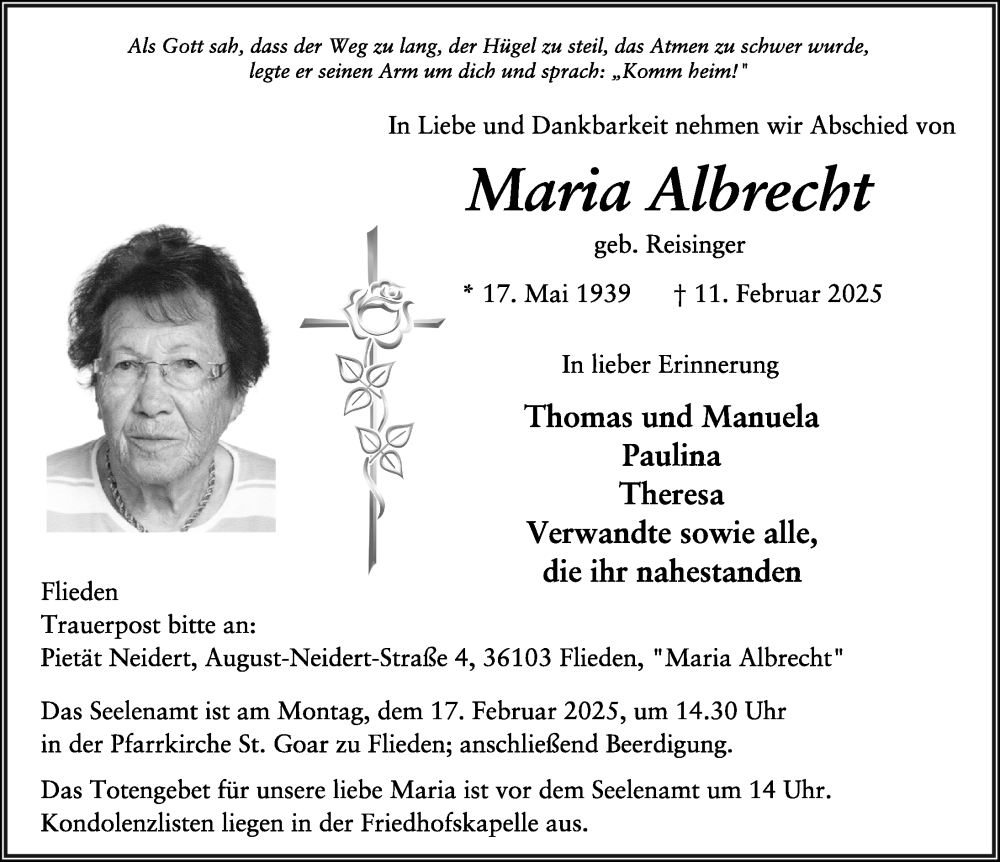  Traueranzeige für Maria Albrecht vom 14.02.2025 aus FZ