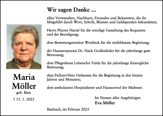 Traueranzeige von Maria Möller von FZ