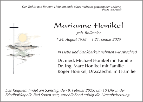 Traueranzeige von Marianne Honikel von FZ