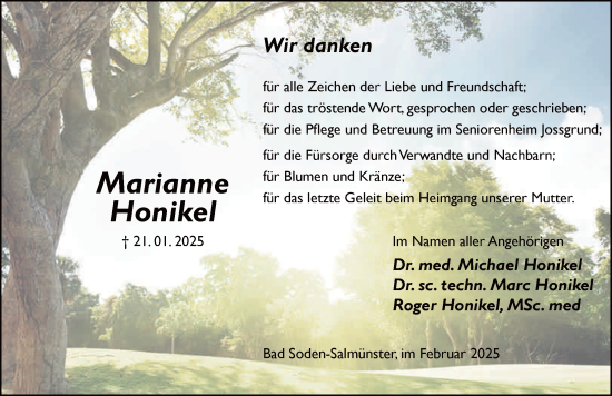 Traueranzeige von Marianne Honikel von FZ