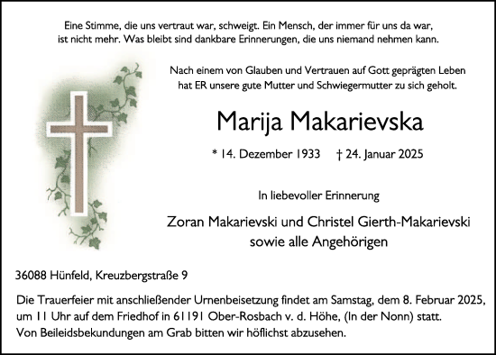 Traueranzeige von Marija Makarievska von FZ