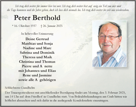 Traueranzeige von Peter Berthold von FZ