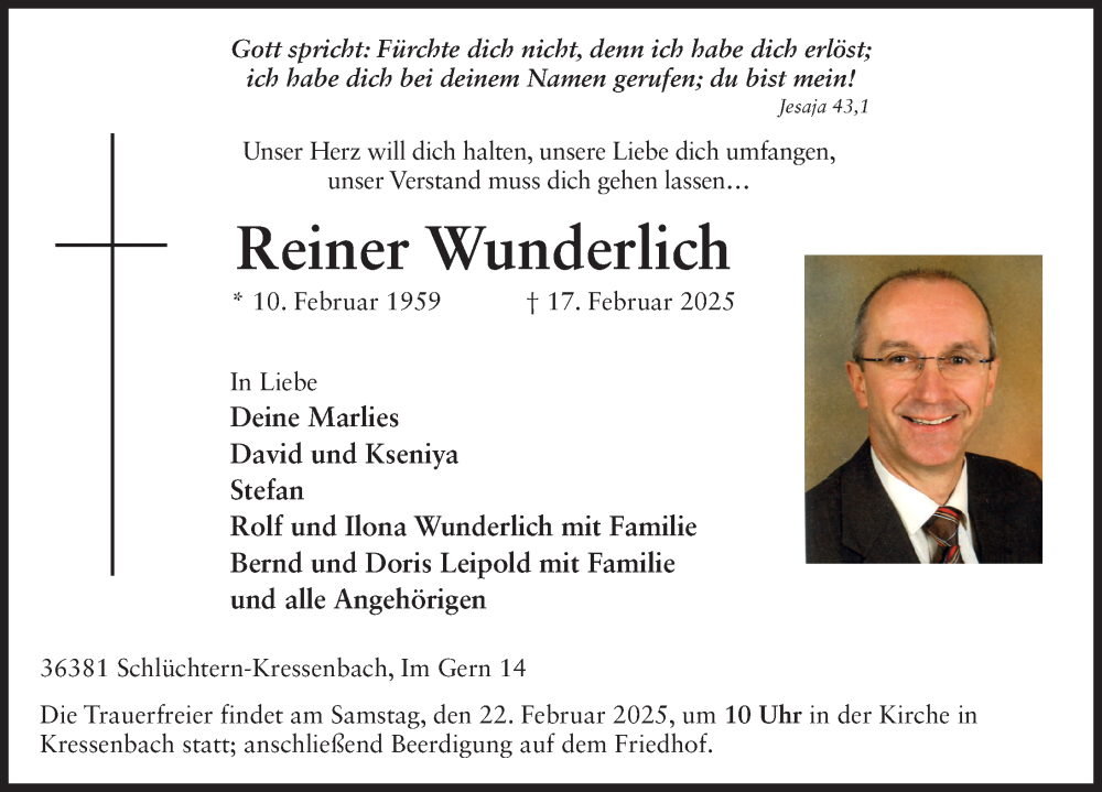  Traueranzeige für Reiner Wunderlich vom 20.02.2025 aus FZ