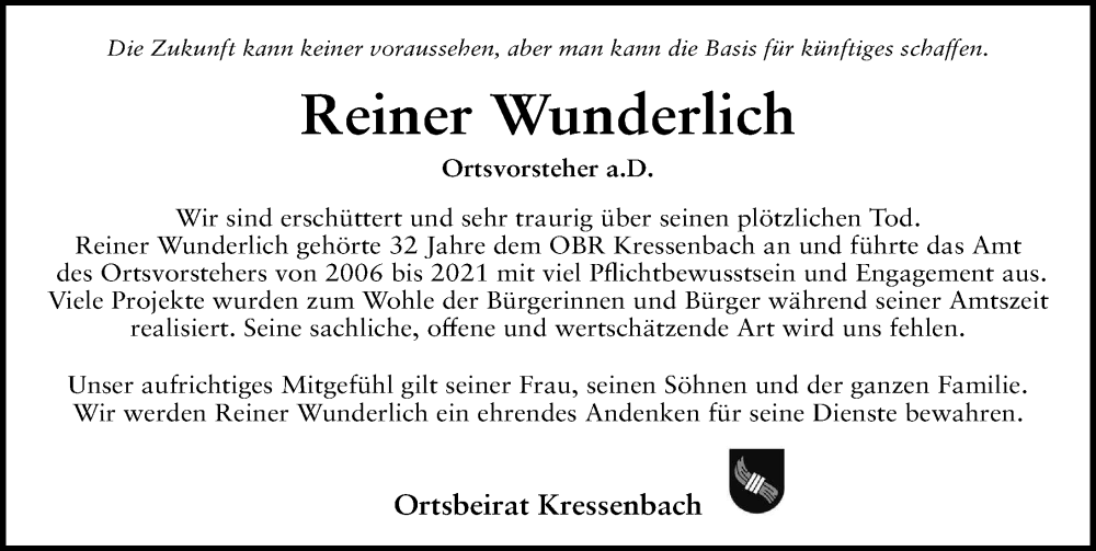  Traueranzeige für Reiner Wunderlich vom 21.02.2025 aus FZ