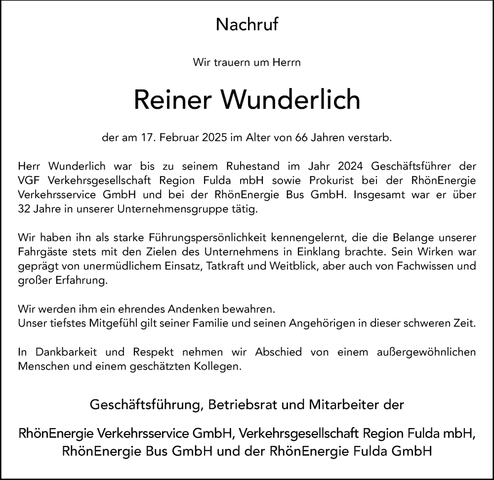  Traueranzeige für Reiner Wunderlich vom 20.02.2025 aus FZ