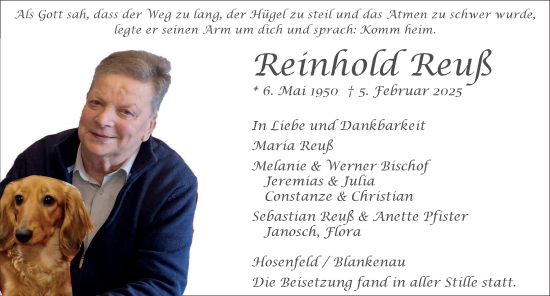 Traueranzeige von Reinhold Reuß von FZ