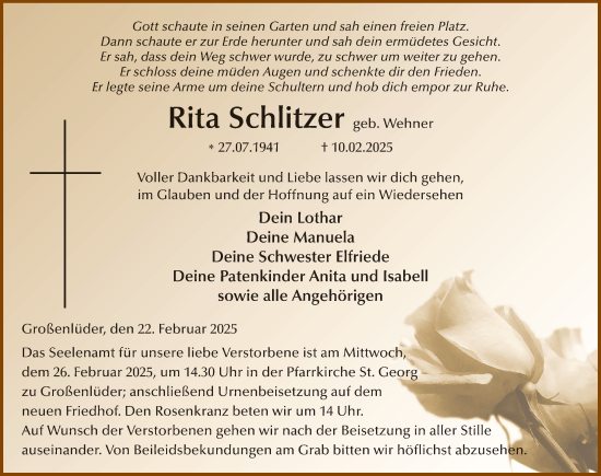 Traueranzeige von Rita Schlitzer von FZ