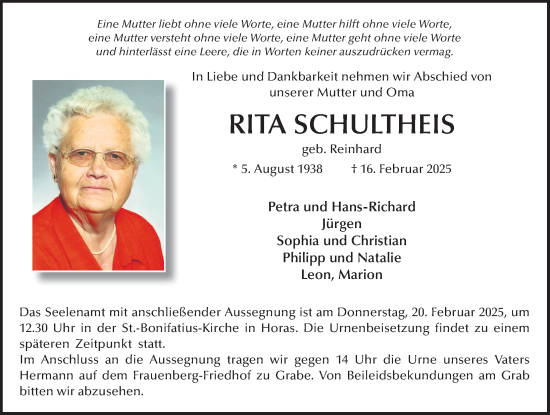 Traueranzeige von Rita Schultheis von FZ