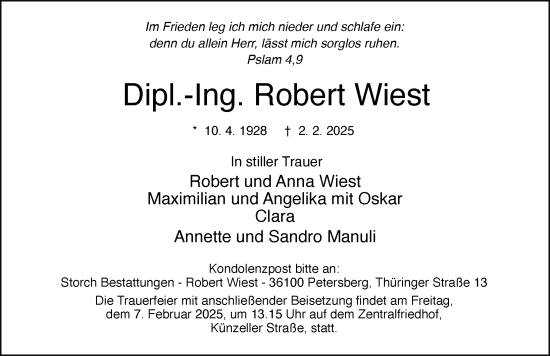 Traueranzeige von Robert Wiest von FZ