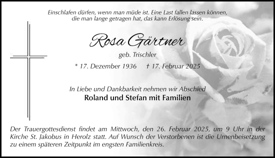 Traueranzeige von Rosa Gärtner von FZ