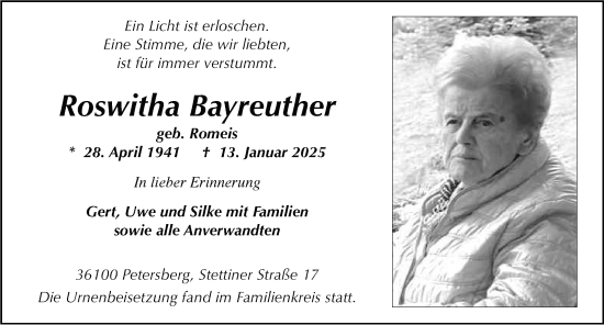 Traueranzeige von Roswitha Bayreuther von FZ