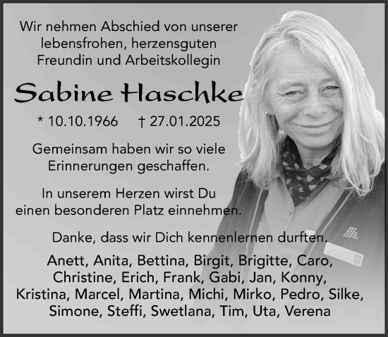 Traueranzeige von Sabine Haschke von FZ