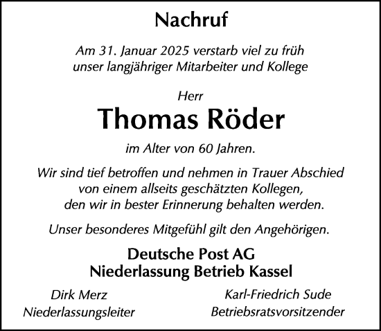 Traueranzeige von Thomas Röder von FZ