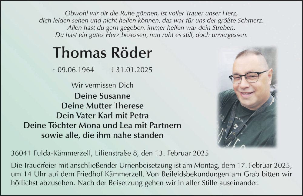  Traueranzeige für Thomas Röder vom 13.02.2025 aus FZ