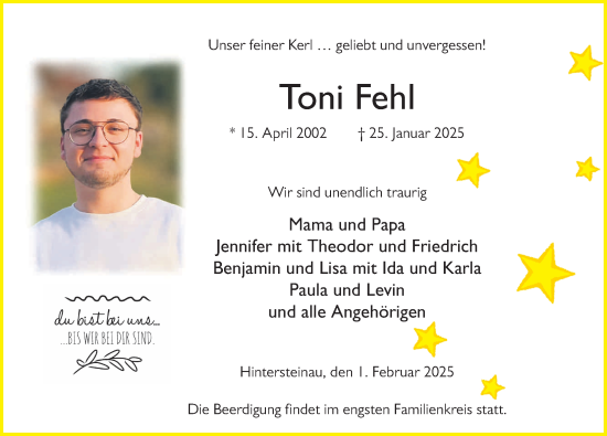 Traueranzeige von Toni Fehl von FZ