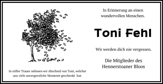 Traueranzeige von Toni Fehl von FZ