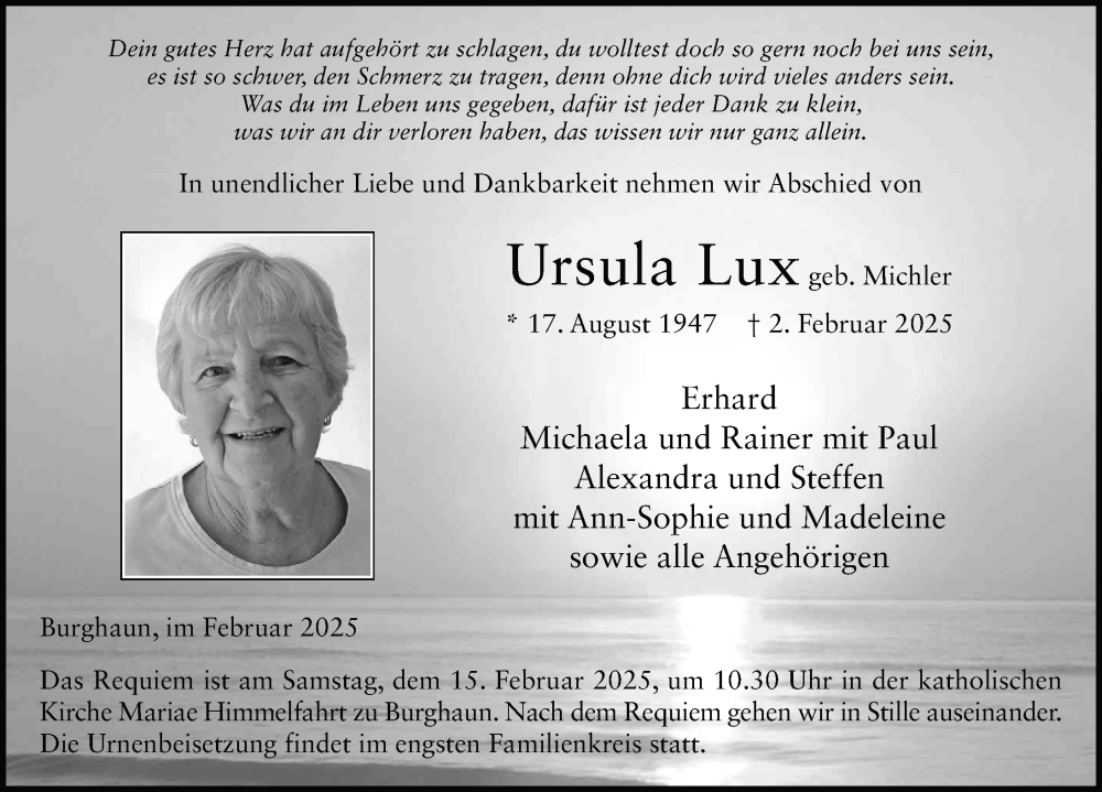  Traueranzeige für Ursula Lux vom 12.02.2025 aus FZ