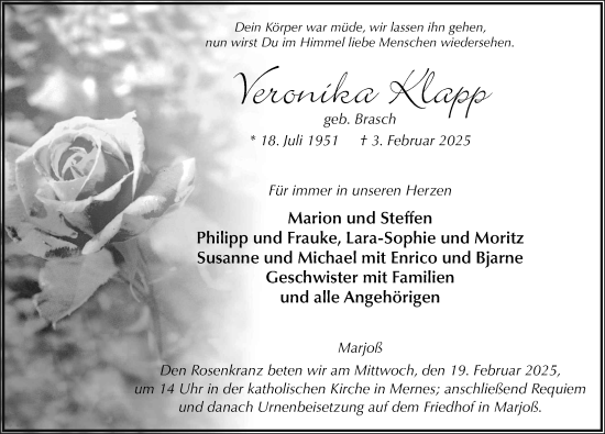 Traueranzeige von Veronika Klapp von FZ