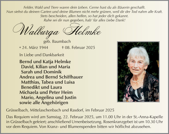 Traueranzeige von Walburga Helmke von FZ