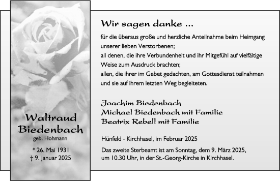 Traueranzeige von Waltraud Biedenbach von FZ