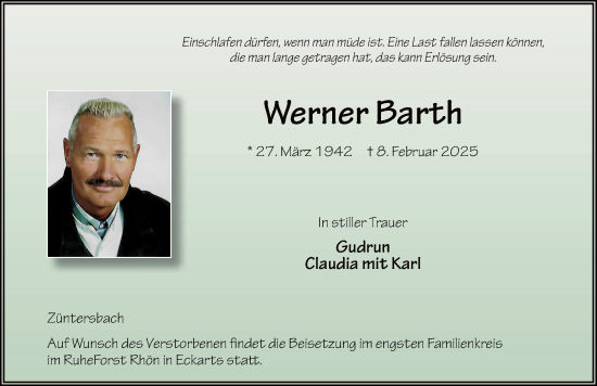 Traueranzeige von Werner Barth von FZ