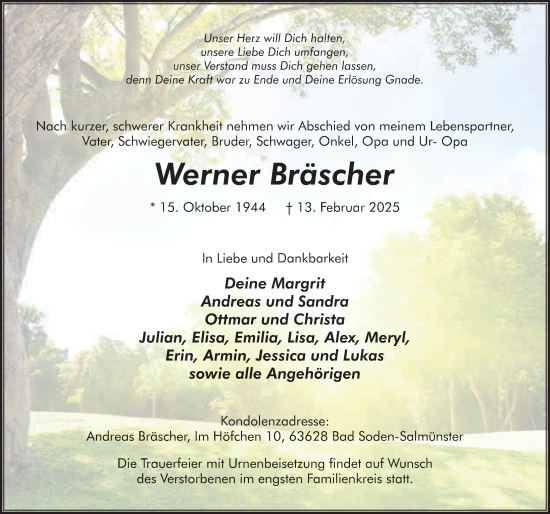 Traueranzeige von Werner Bräscher von FZ