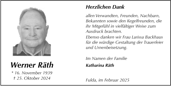 Traueranzeige von Werner Räth von FZ
