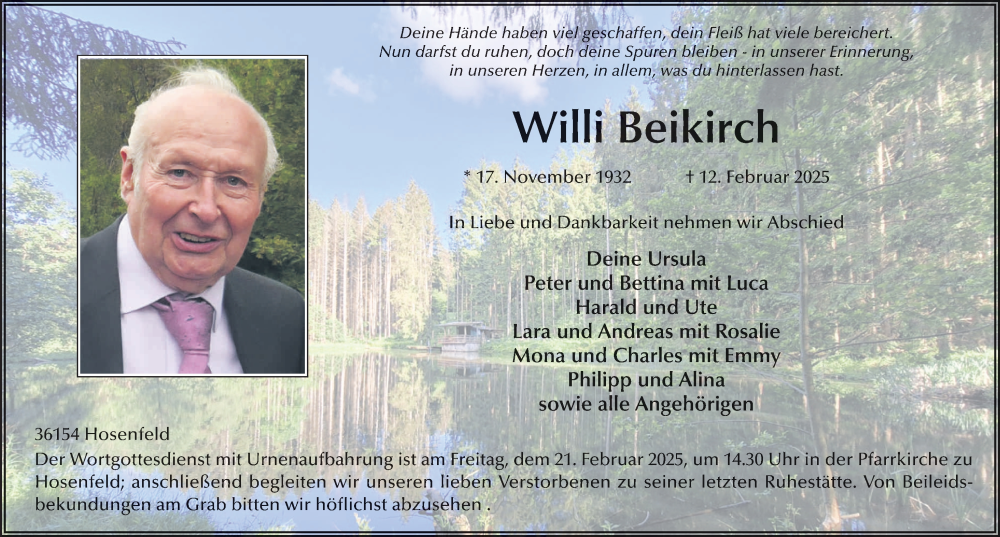  Traueranzeige für Willi Beikirch vom 18.02.2025 aus FZ